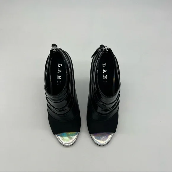 L.A.M.B.Black Patent Leather Open Toe Ankle Boots Silver Stiletto Heel Modern - Picture 12 of 13